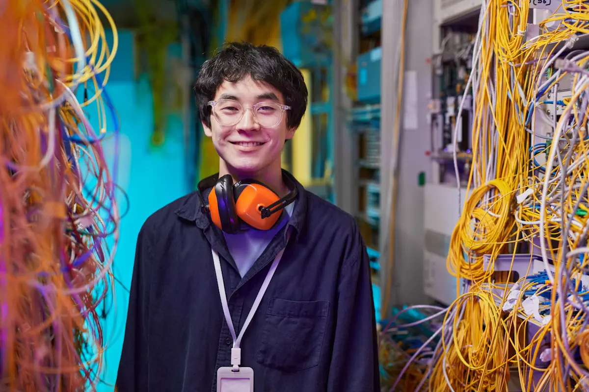 Un jeune homme entouré de fibre optique