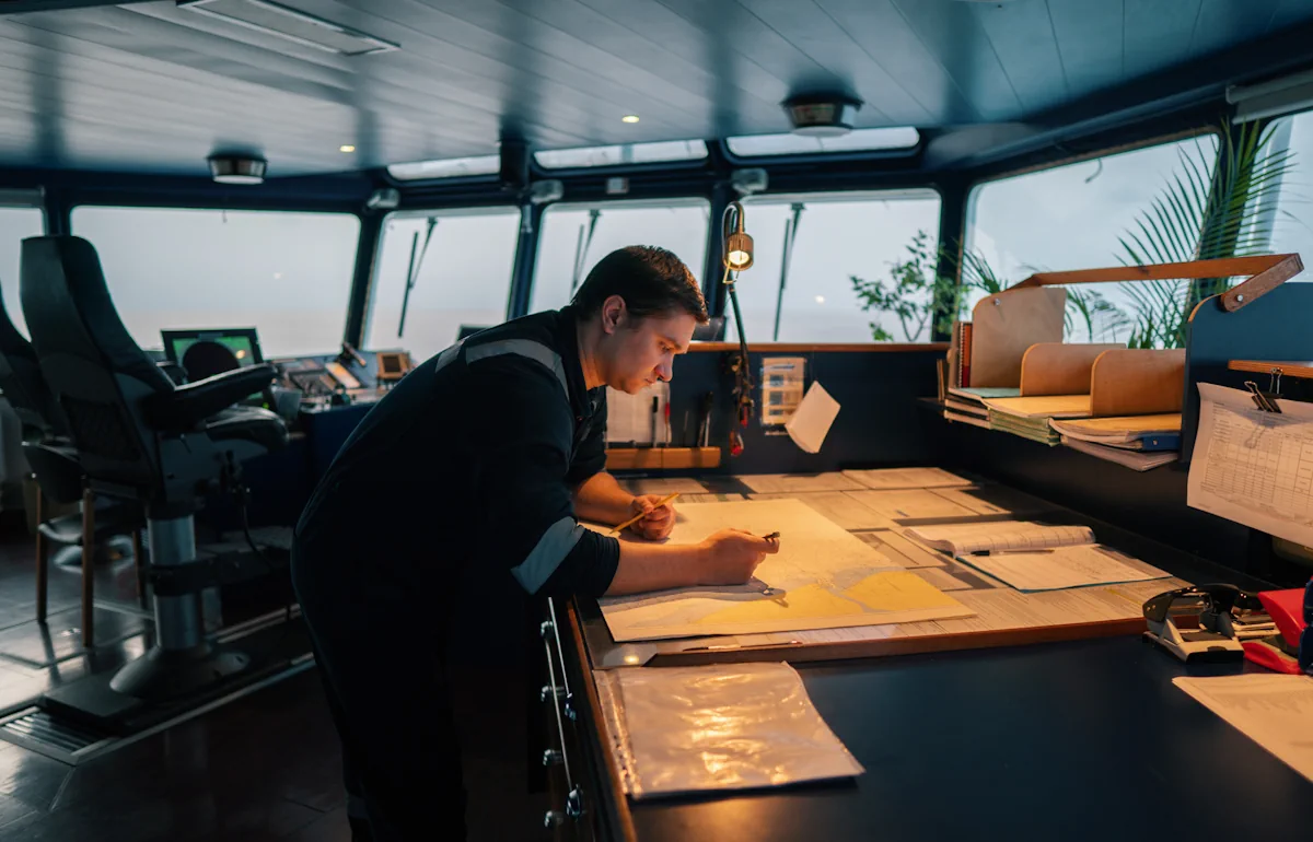 Un homme qui regarde des documents dans une cabine de bâteau