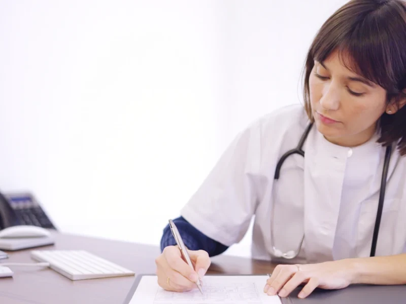 Une femme en tablier blanche qui écrit sur une feuille blanche