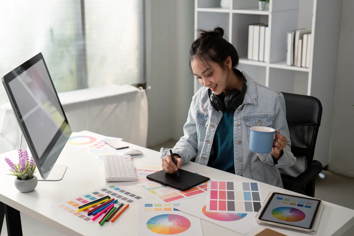 Une femme graphiste qui dessine sur une tablette avec une tasse bleue dans son autre main