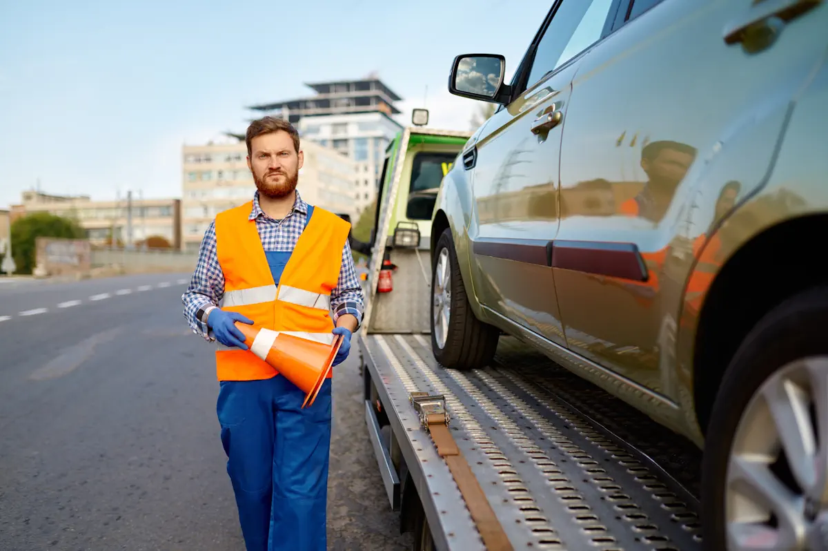 Un gomme en gilet orange qui tient des connes de signalisation en regardant une voiture sur une remorque